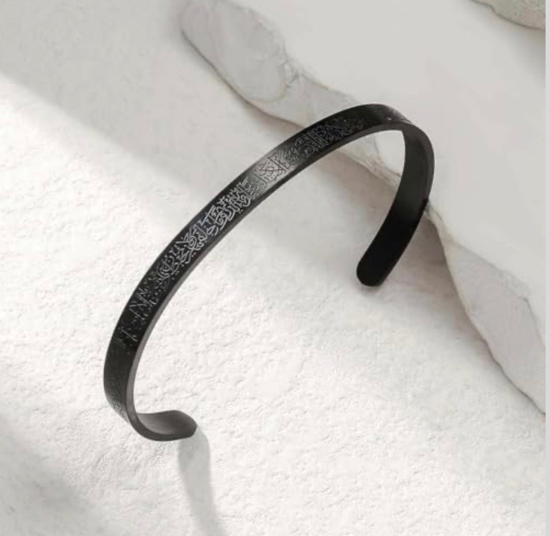 (50 for a piece)6 black Ayatul Kursi Engraved Cuff Bracelet — Gunmetal Stainless Steel