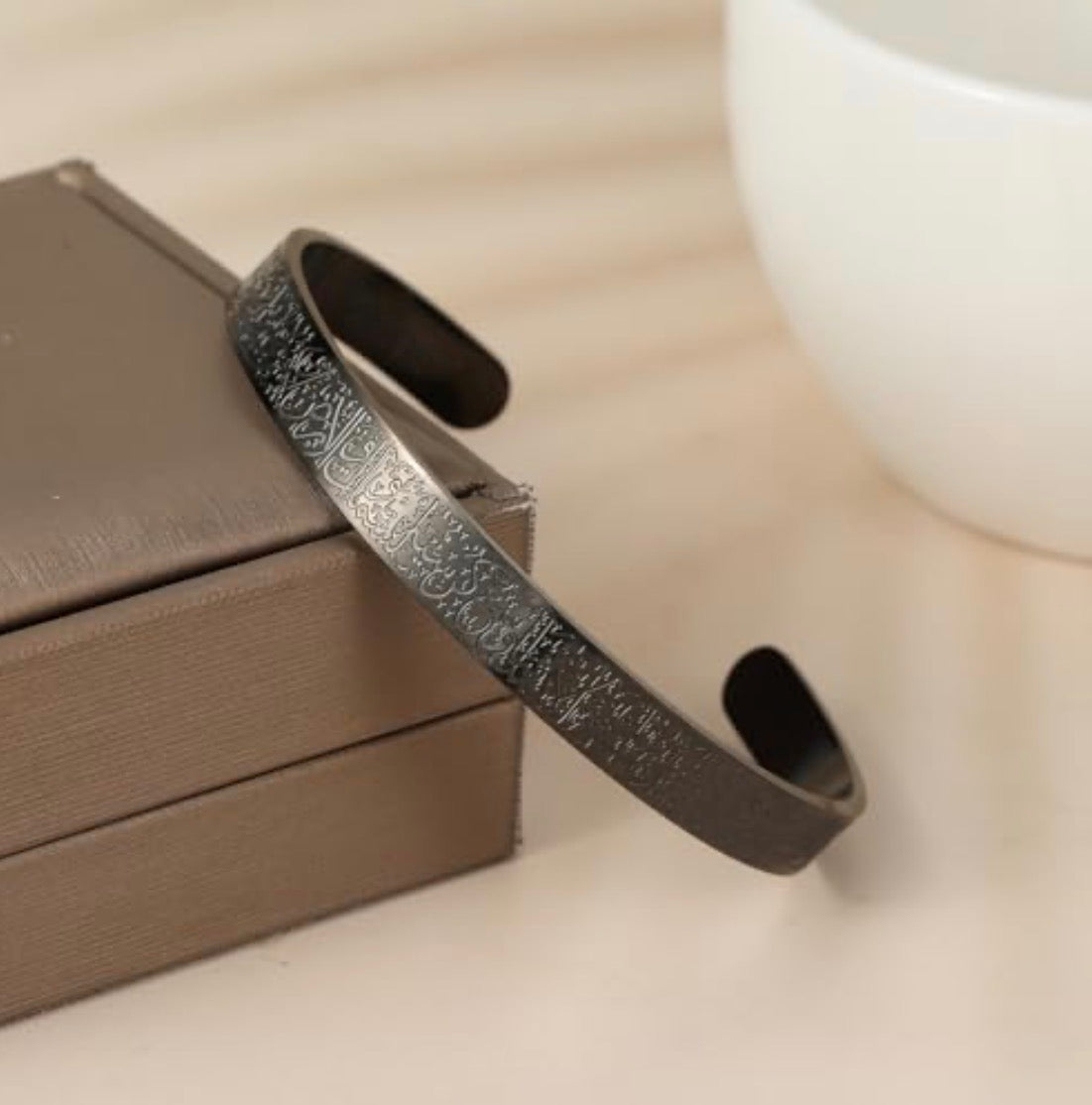 (50 for a piece)6 black Ayatul Kursi Engraved Cuff Bracelet — Gunmetal Stainless Steel